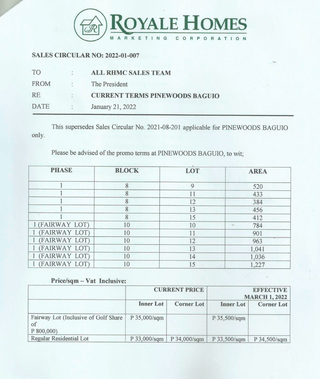 official pricelist and availability Pinewoods subdivision Baguio